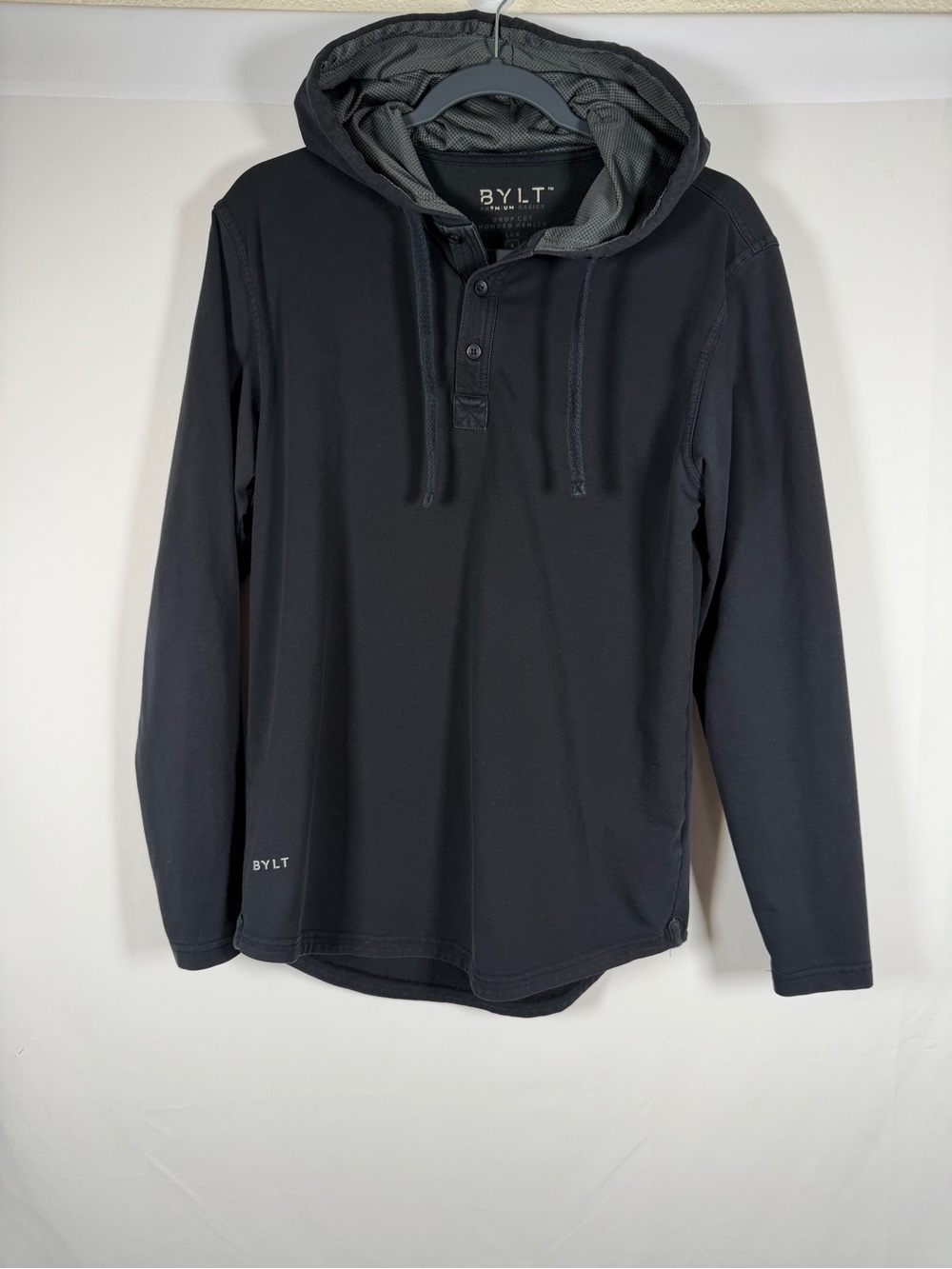 BYLT Black Drop-Cut Lux Hooded Henley - Elevated Basics, Athleisure, Workout